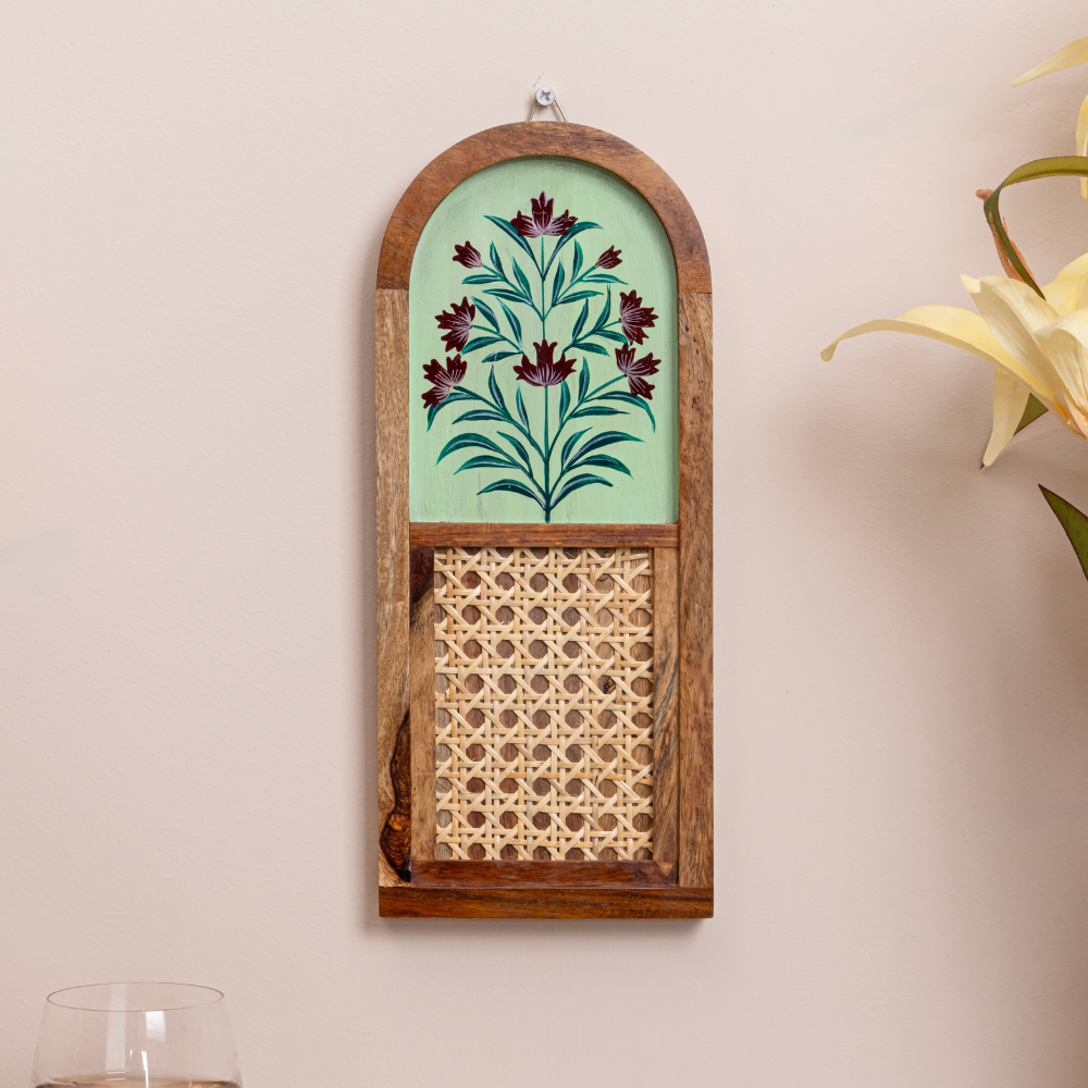 Arched Sheesham Wood Wall Art Set of 2 | Hand-Painted Floral with Cane Jali