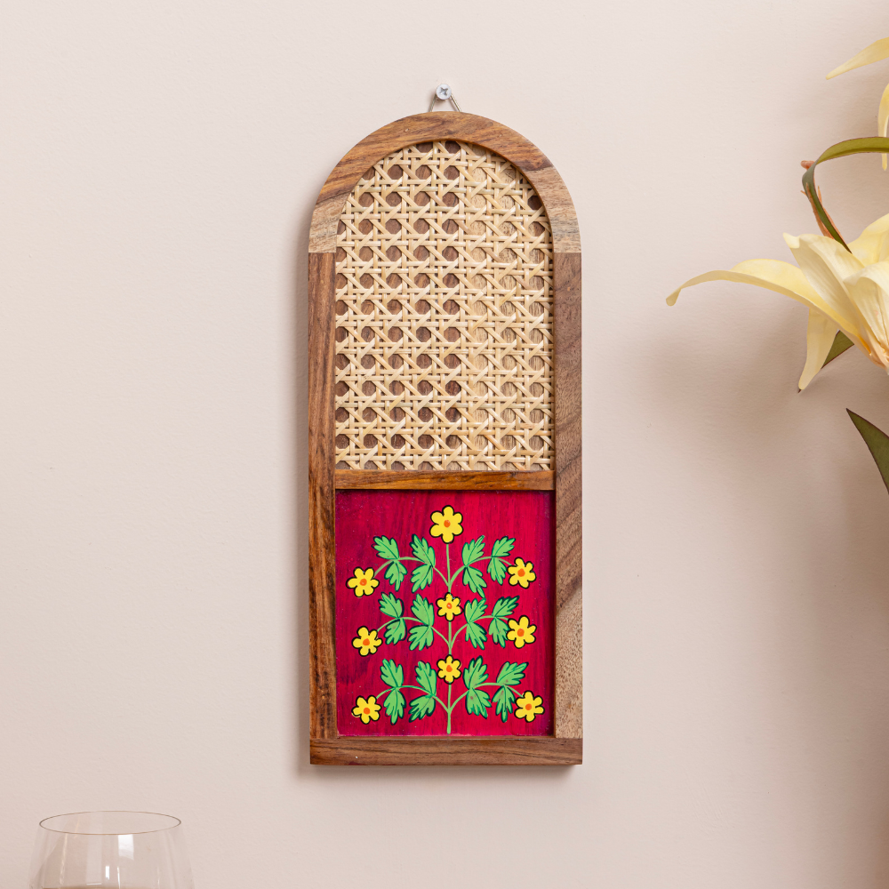 Carva Hand-Painted Sheesham Wood Wall Hanging Set of 2 | Cane Jali Art