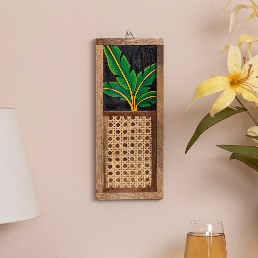 Ayojan Tropical Banana Leaf Wall Art Set of 2 | Wooden Frame with Cane Work