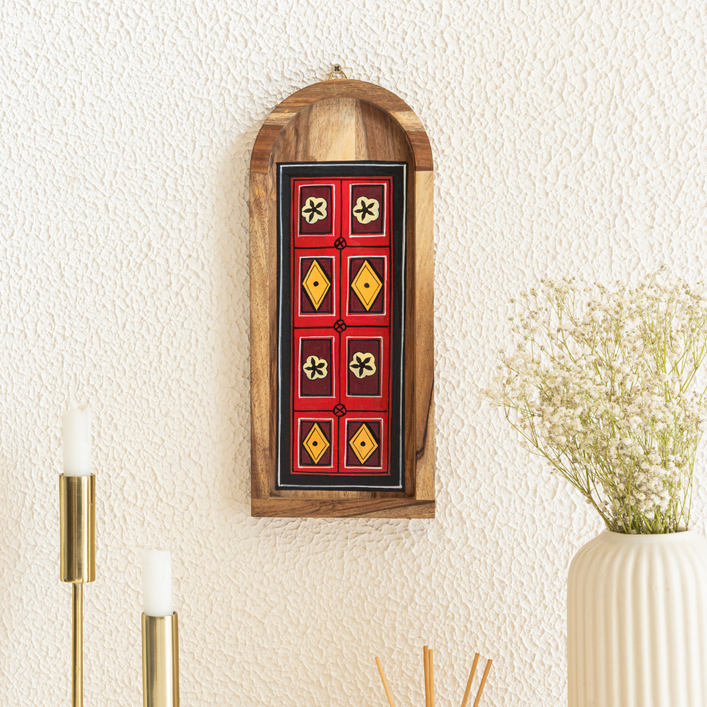 Dwar wooden wall plates by Mirai Woods featuring traditional design for entryway decor, with intricate carved patterns.