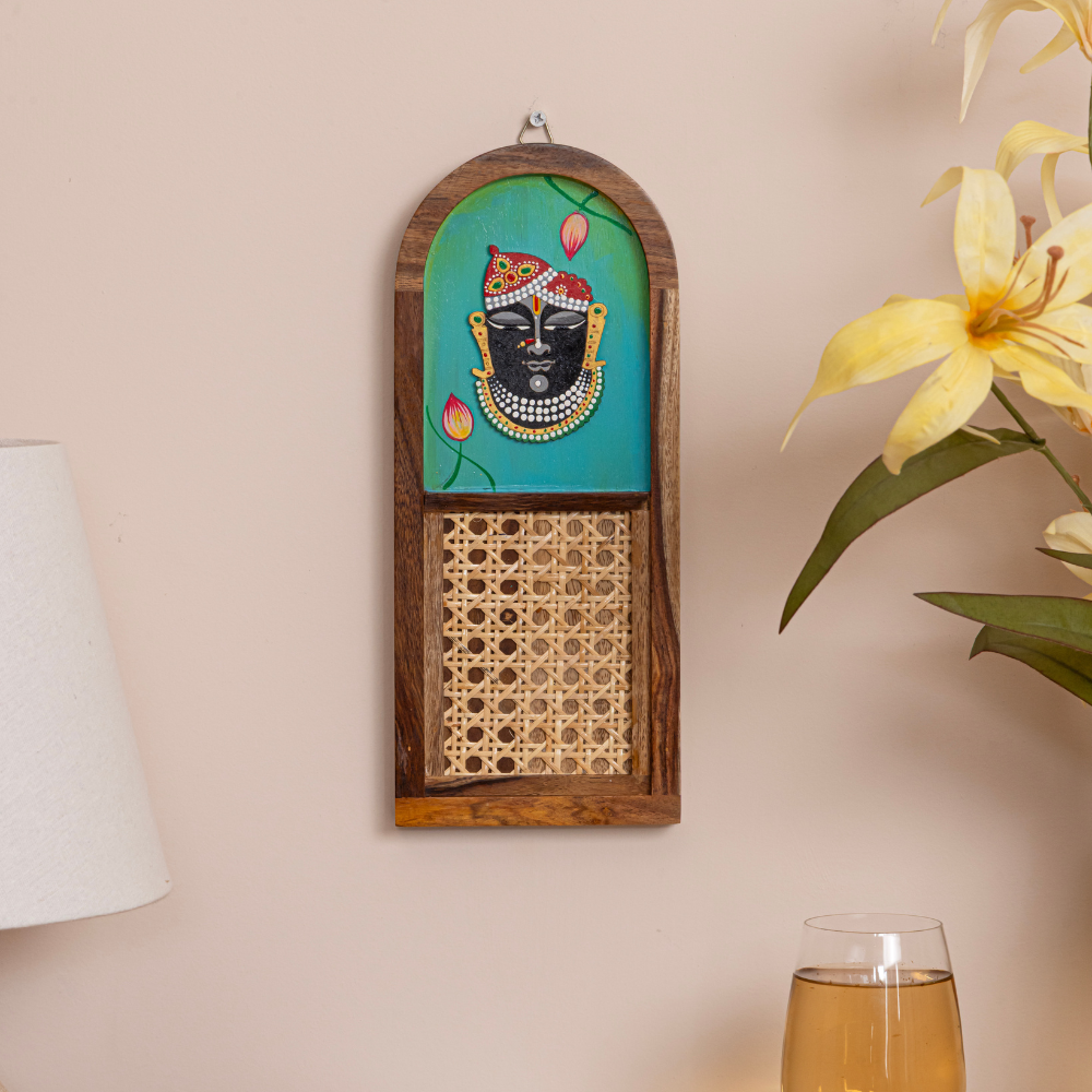 Shrinathji & Kamdhenu Hand-Painted Wall Art Set of 2 | Arch Wooden Frame