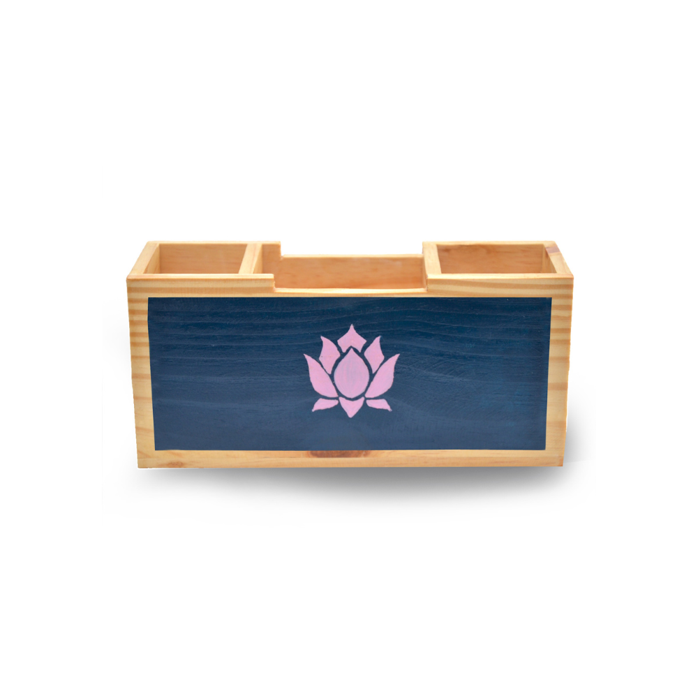 Blooming Lotus Hand-Painted Wooden Desk Organizer | 3-Compartment Pen Stand