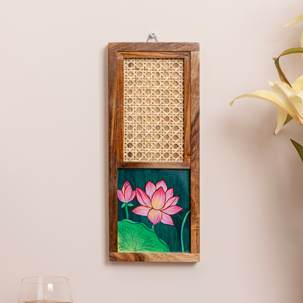 Lotus Pichwai Hand-Painted Wall Art Set of 2 | Wooden Frame with Cane Webbing