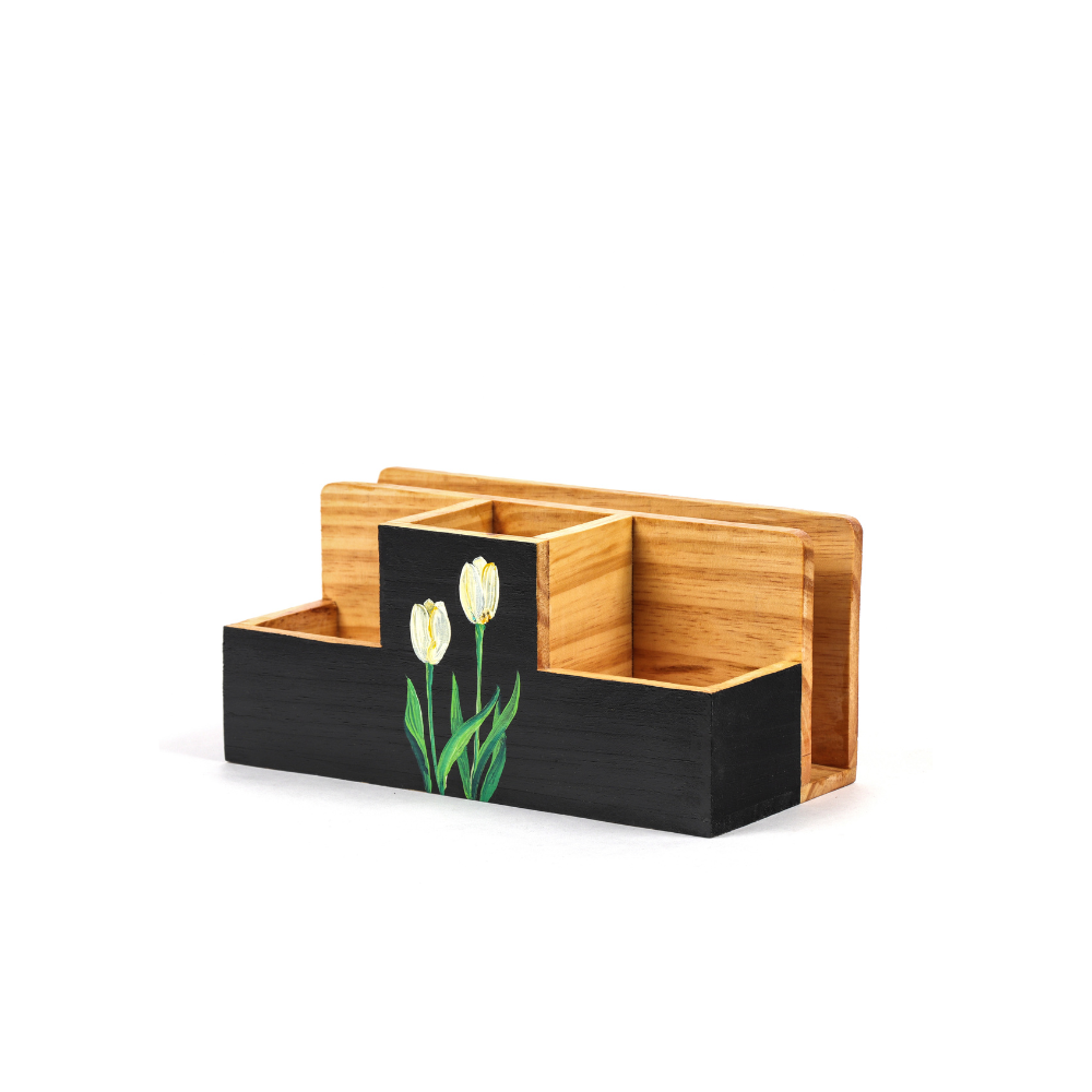 Unblended Petals Hand-Painted Wooden Desk Organizer | Floral Pen Stand
