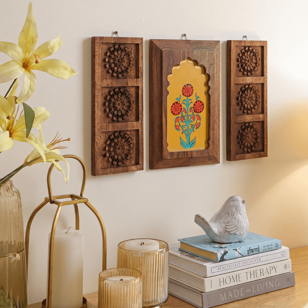 Hand-painted floral vine on marigold Jharokha center panel