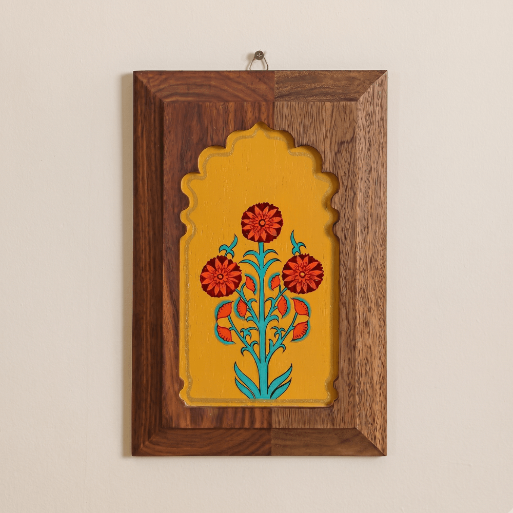 Carved wood floral medallion side panel detail