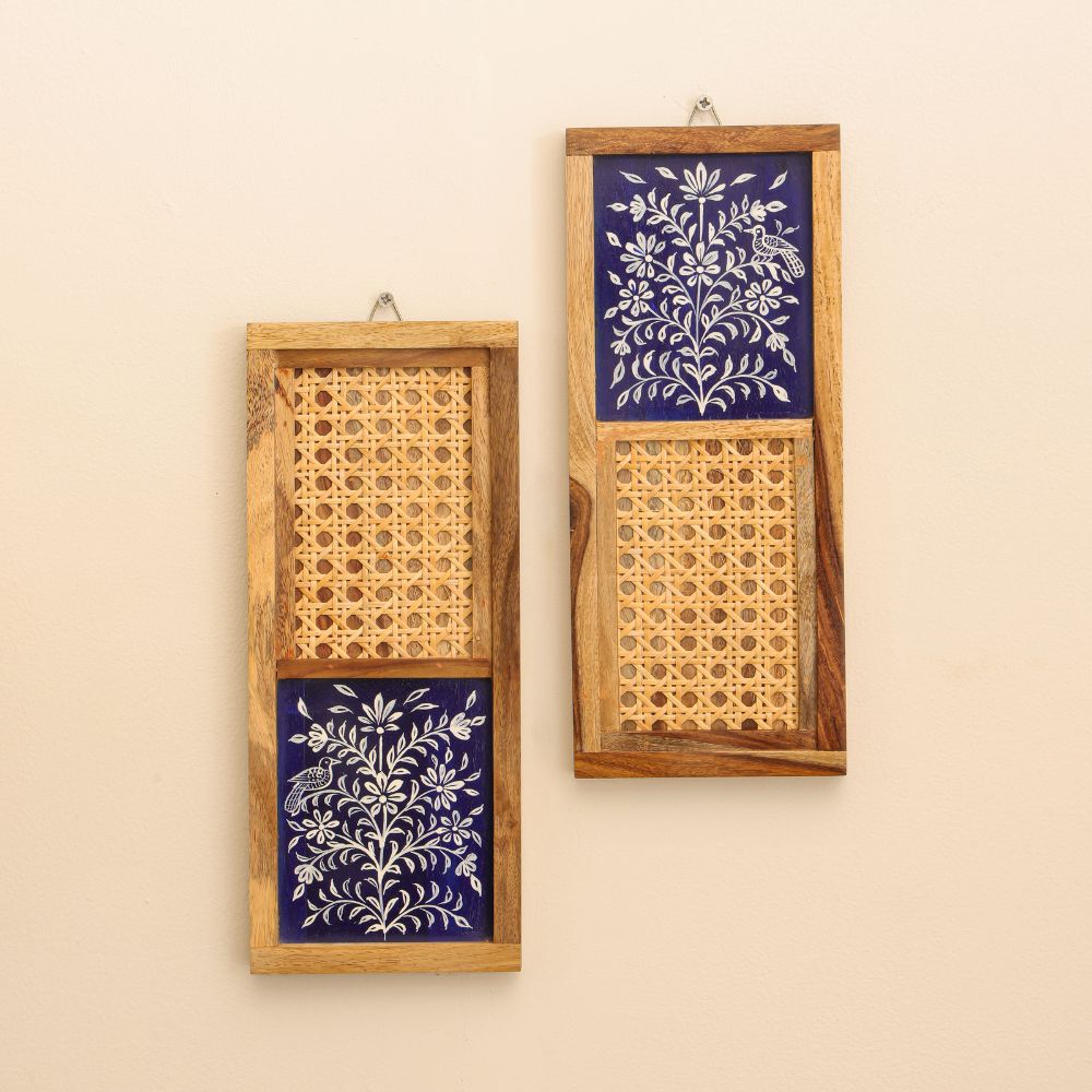 Mirai Woods Nīlaja Arched Sheesham Wood Wall Art – Set of 2 | Hand-Painted Floral Motifs with Rattan Cane Jali & Epoxy Finish | Traditional Decorative Jharokha for Living Room, Entrance & Bedroom Decor