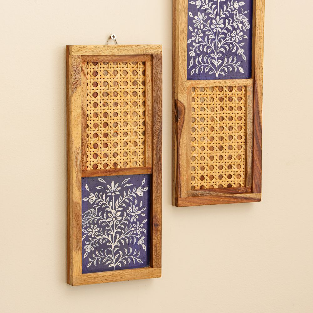 Mirai Woods Nīlaja Arched Sheesham Wood Wall Art – Set of 2 | Hand-Painted Floral Motifs with Rattan Cane Jali & Epoxy Finish | Traditional Decorative Jharokha for Living Room, Entrance & Bedroom Decor