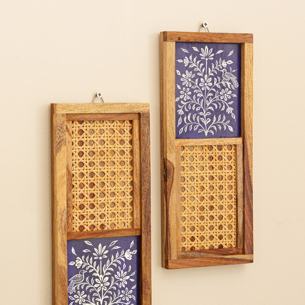 Mirai Woods Nīlaja Arched Sheesham Wood Wall Art – Set of 2 | Hand-Painted Floral Motifs with Rattan Cane Jali & Epoxy Finish | Traditional Decorative Jharokha for Living Room, Entrance & Bedroom Decor
