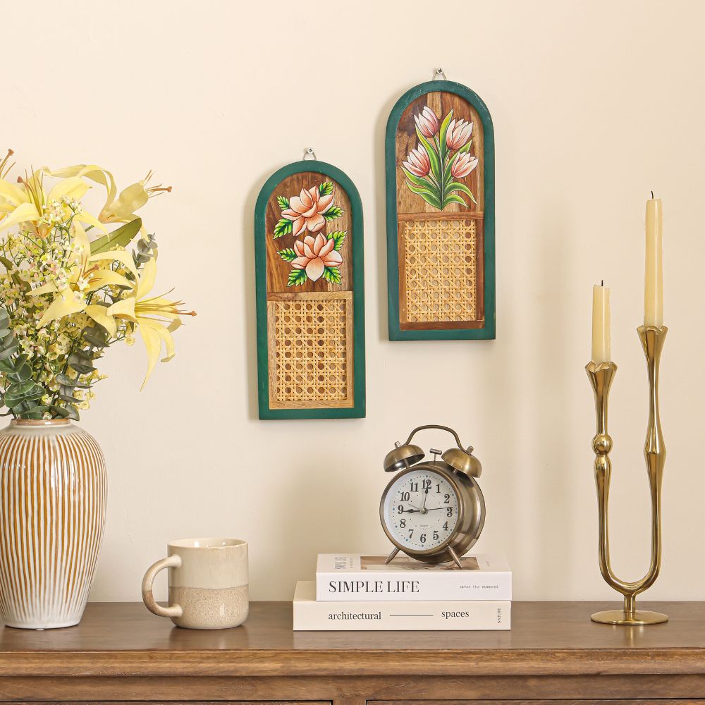 “Haritāvalī” Arched Handcrafted Wooden Wall Art with Cane Webbing & Floral Artwork