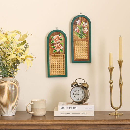 “Haritāvalī” Arched Handcrafted Wooden Wall Art with Cane Webbing & Floral Artwork