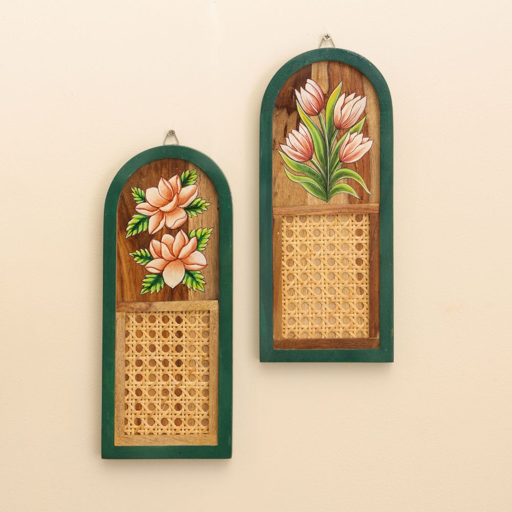“Haritāvalī” Arched Handcrafted Wooden Wall Art with Cane Webbing & Floral Artwork
