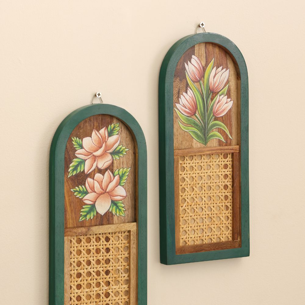 “Haritāvalī” Arched Handcrafted Wooden Wall Art with Cane Webbing & Floral Artwork