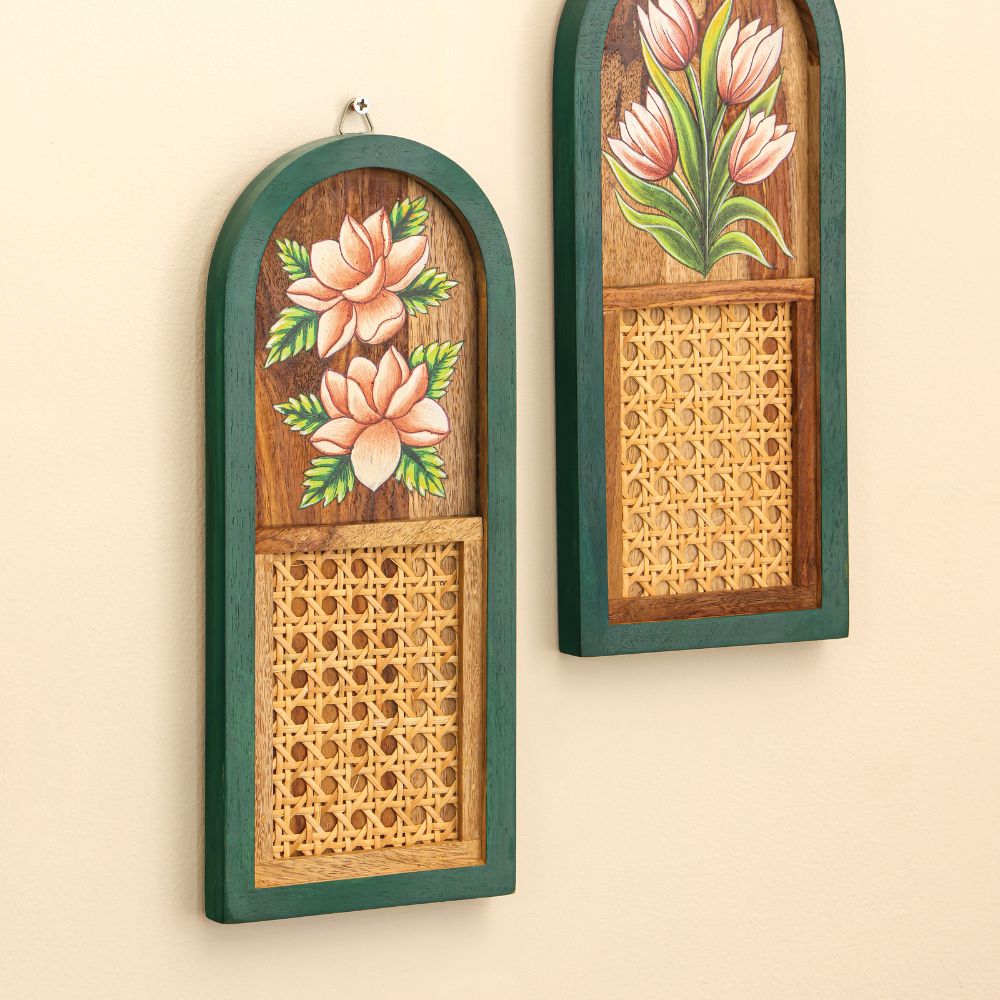 “Haritāvalī” Arched Handcrafted Wooden Wall Art with Cane Webbing & Floral Artwork