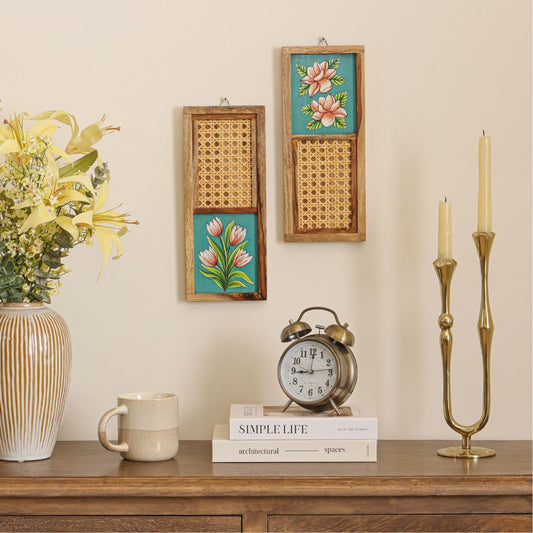 “Harit-Kusumam” Handcrafted Wooden Wall Art with Cane Webbing & Teal Floral Inlay