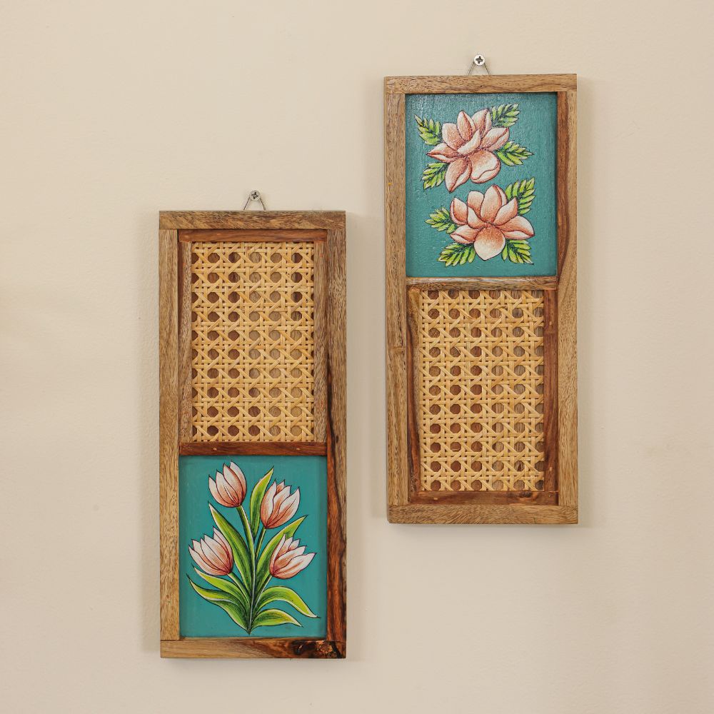 “Harit-Kusumam” Handcrafted Wooden Wall Art with Cane Webbing & Teal Floral Inlay