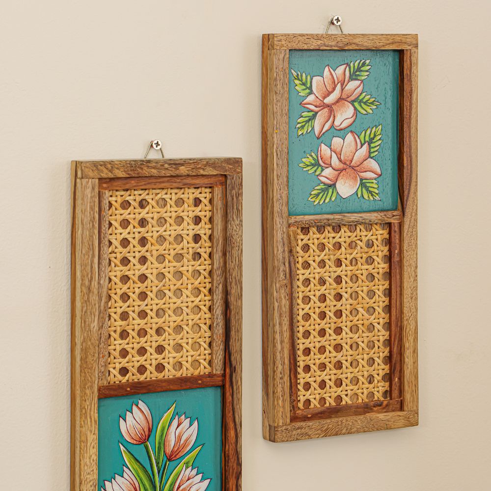 “Harit-Kusumam” Handcrafted Wooden Wall Art with Cane Webbing & Teal Floral Inlay