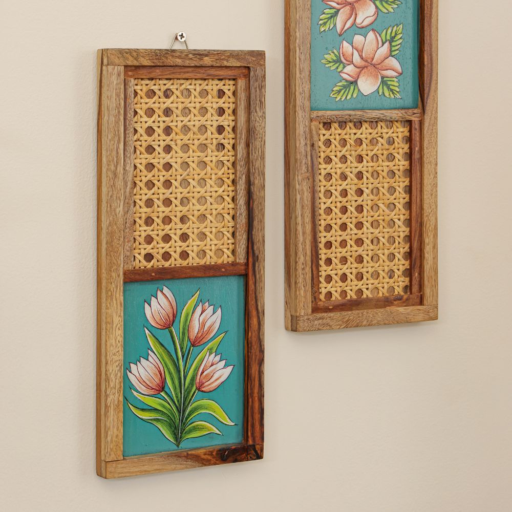 “Harit-Kusumam” Handcrafted Wooden Wall Art with Cane Webbing & Teal Floral Inlay