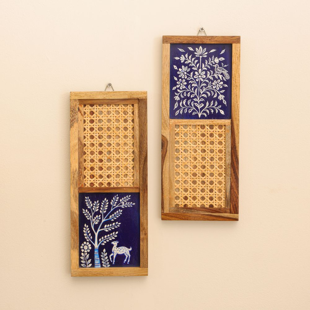 “Mṛga-Vana” Handcrafted Wooden Wall Art with Cane Webbing & Indigo Woodland Art