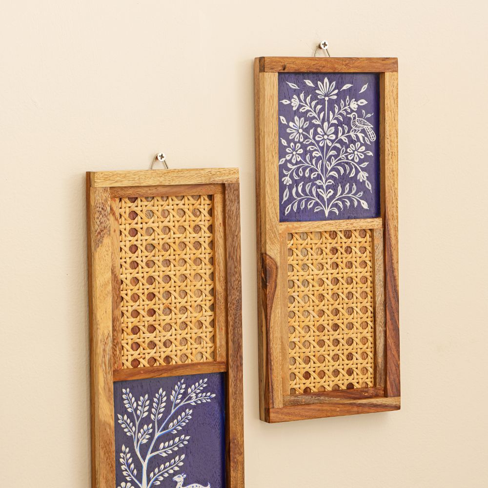 “Mṛga-Vana” Handcrafted Wooden Wall Art with Cane Webbing & Indigo Woodland Art