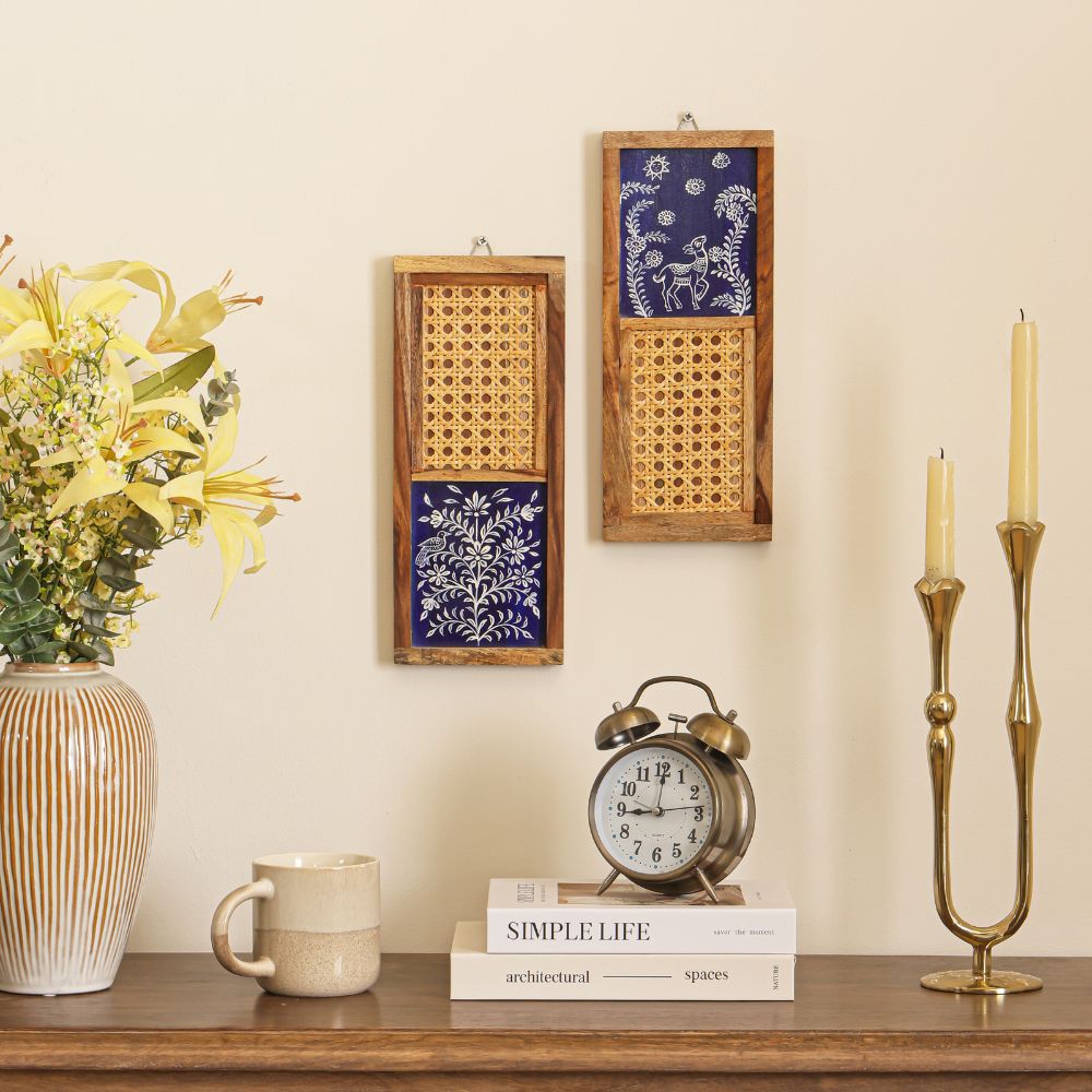 “Tārā-Mṛga” Handcrafted Wooden Wall Art with Cane Webbing & Celestial Deer Inlay