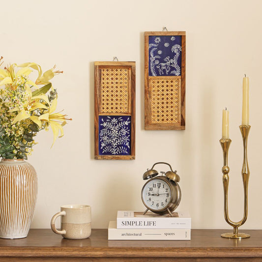 “Tārā-Mṛga” Handcrafted Wooden Wall Art with Cane Webbing & Celestial Deer Inlay