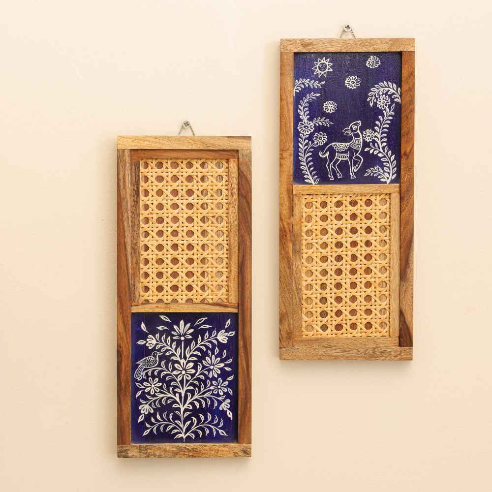 “Tārā-Mṛga” Handcrafted Wooden Wall Art with Cane Webbing & Celestial Deer Inlay