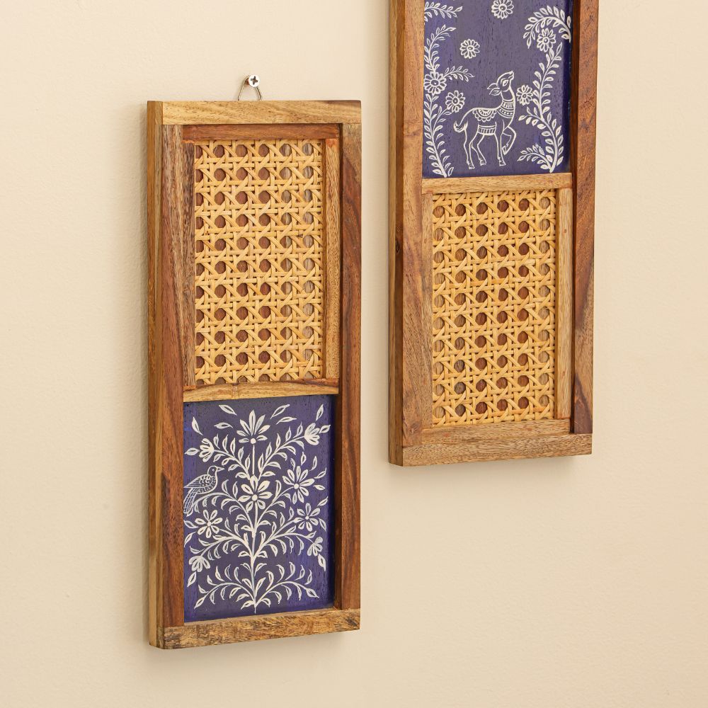 “Tārā-Mṛga” Handcrafted Wooden Wall Art with Cane Webbing & Celestial Deer Inlay