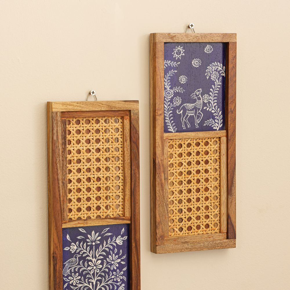 “Tārā-Mṛga” Handcrafted Wooden Wall Art with Cane Webbing & Celestial Deer Inlay
